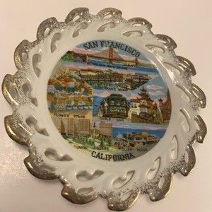Vintage San Francisco hanging souvenir plate Gold metallic edge